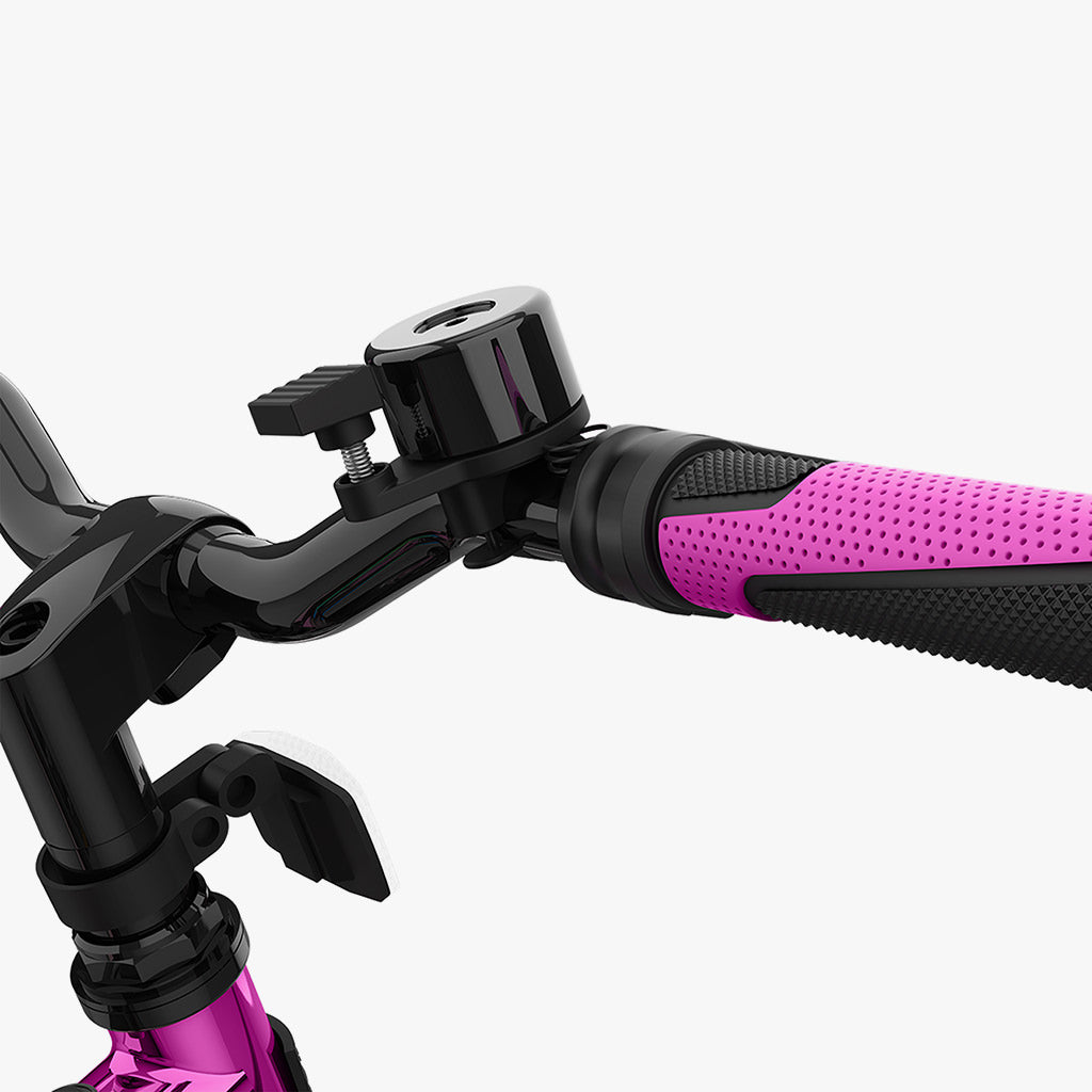 close up of bell and handlebar on metallic pink light rider 20