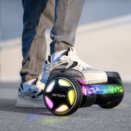 close up of light up wheel and deck on lyra hoverboard