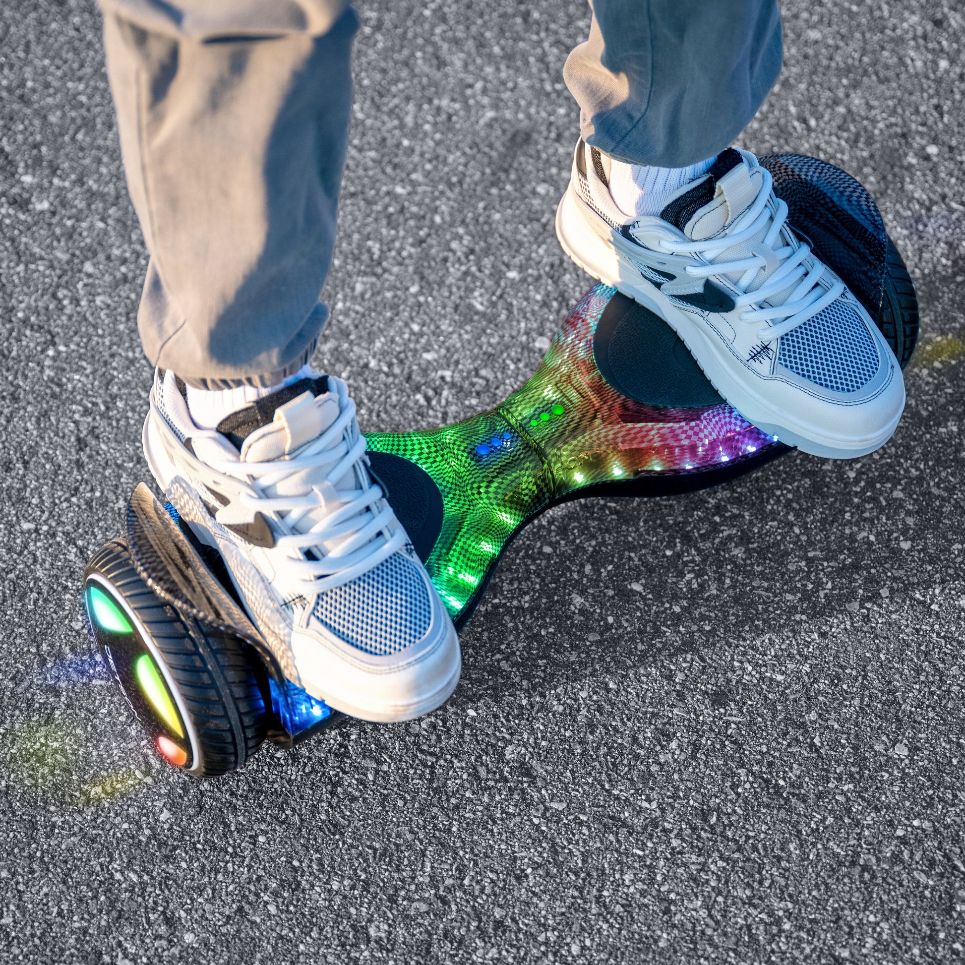 close up of kid's feet riding on the lyra hoverboard