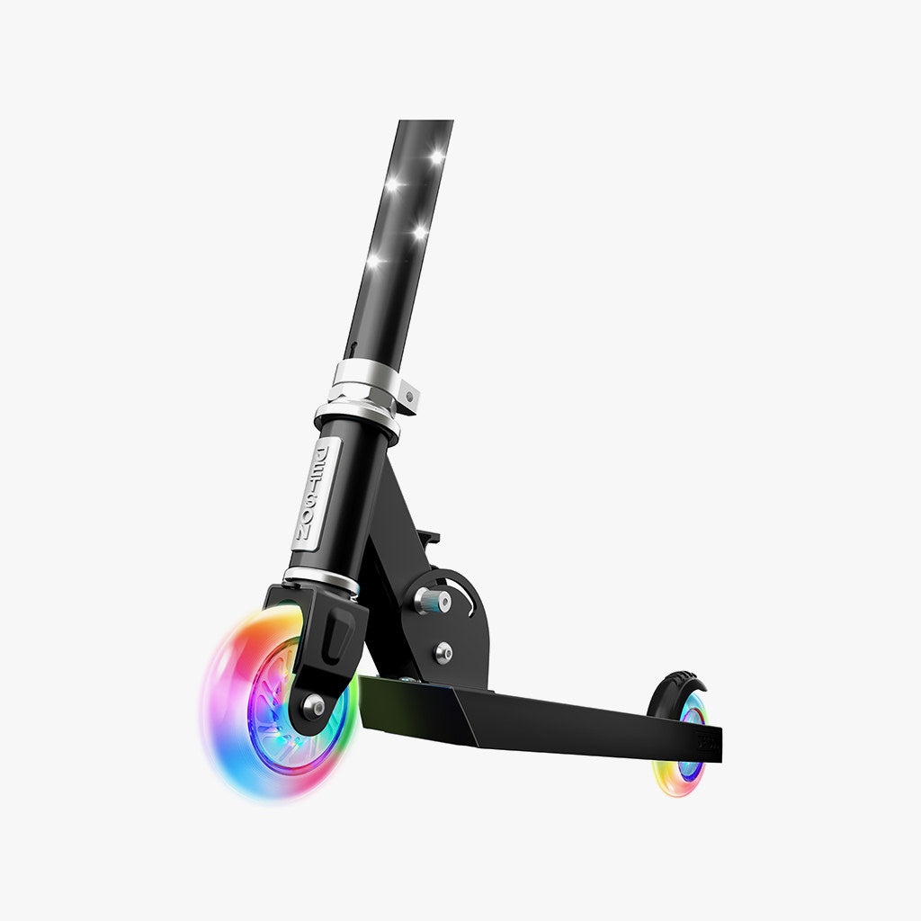 close up of colorful wheels on black moonbeam kick scooter