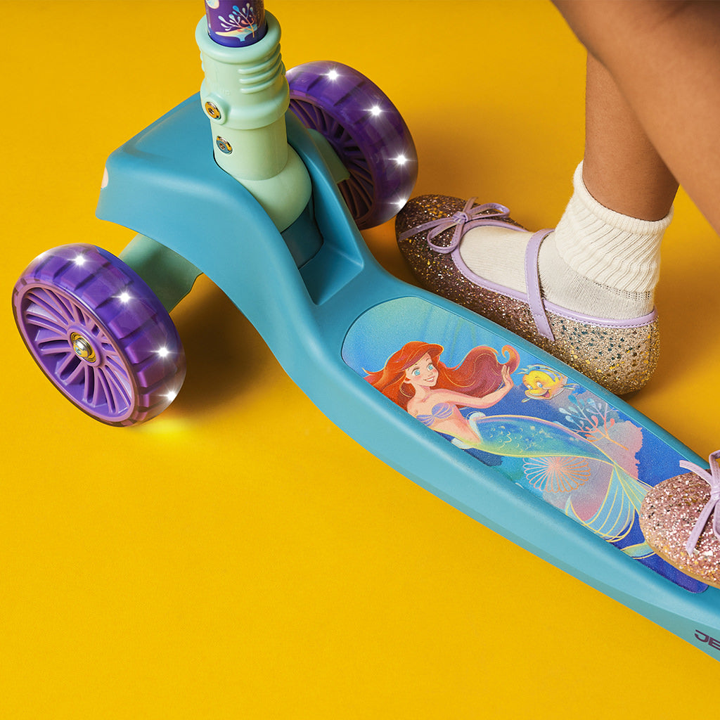 close up of Little Mermaid scooter deck with an image of Ariel