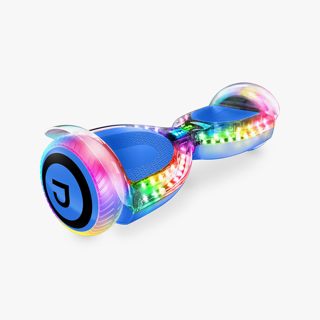 side view of the blue pixel hoverboard with rainbow lights