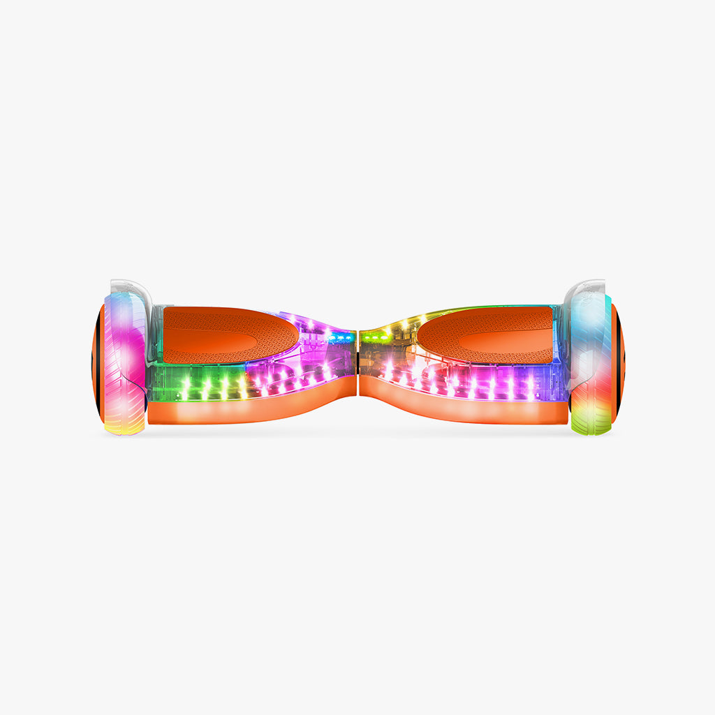 front view of the orange pixel hoverboard with rainbow lights