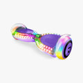 diagonal view of the purple pixel hoverboard with rainbow lights