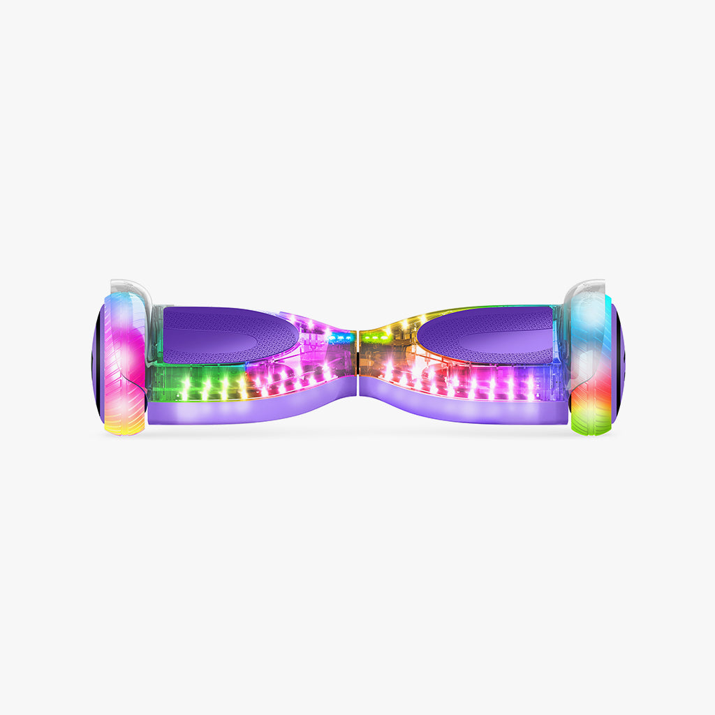 front view of the purple pixel hoverboard with rainbow lights