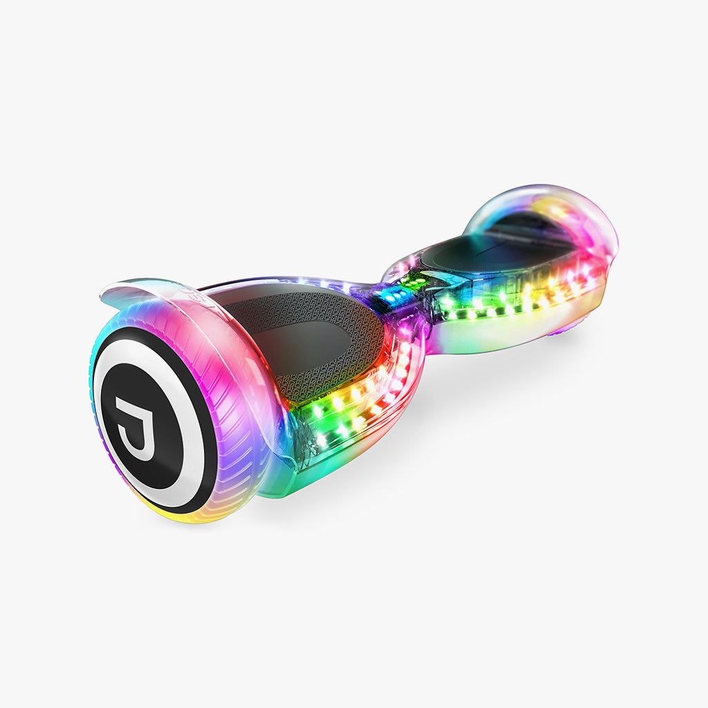 side view of the white pixel hoverboard with rainbow lights