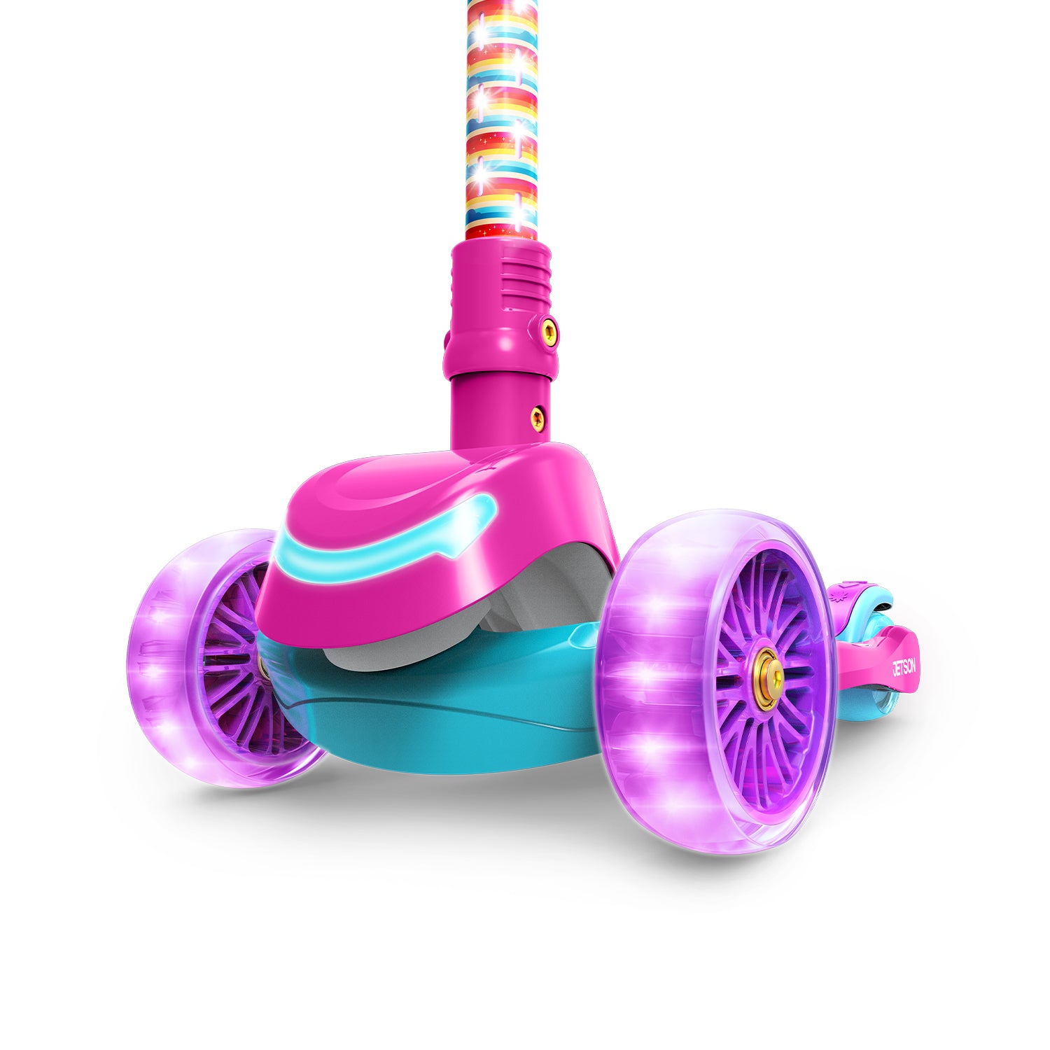 close up of the light up front wheels and headlight on the disney princess kick scooter