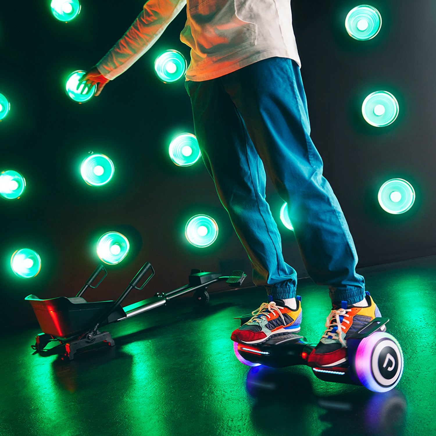 person riding the lit up hoverboard only