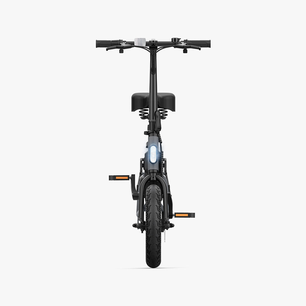 forward facing view of shadow e-bike with headlight on