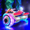 close up of lit up wheels on the stereofly hoverboard