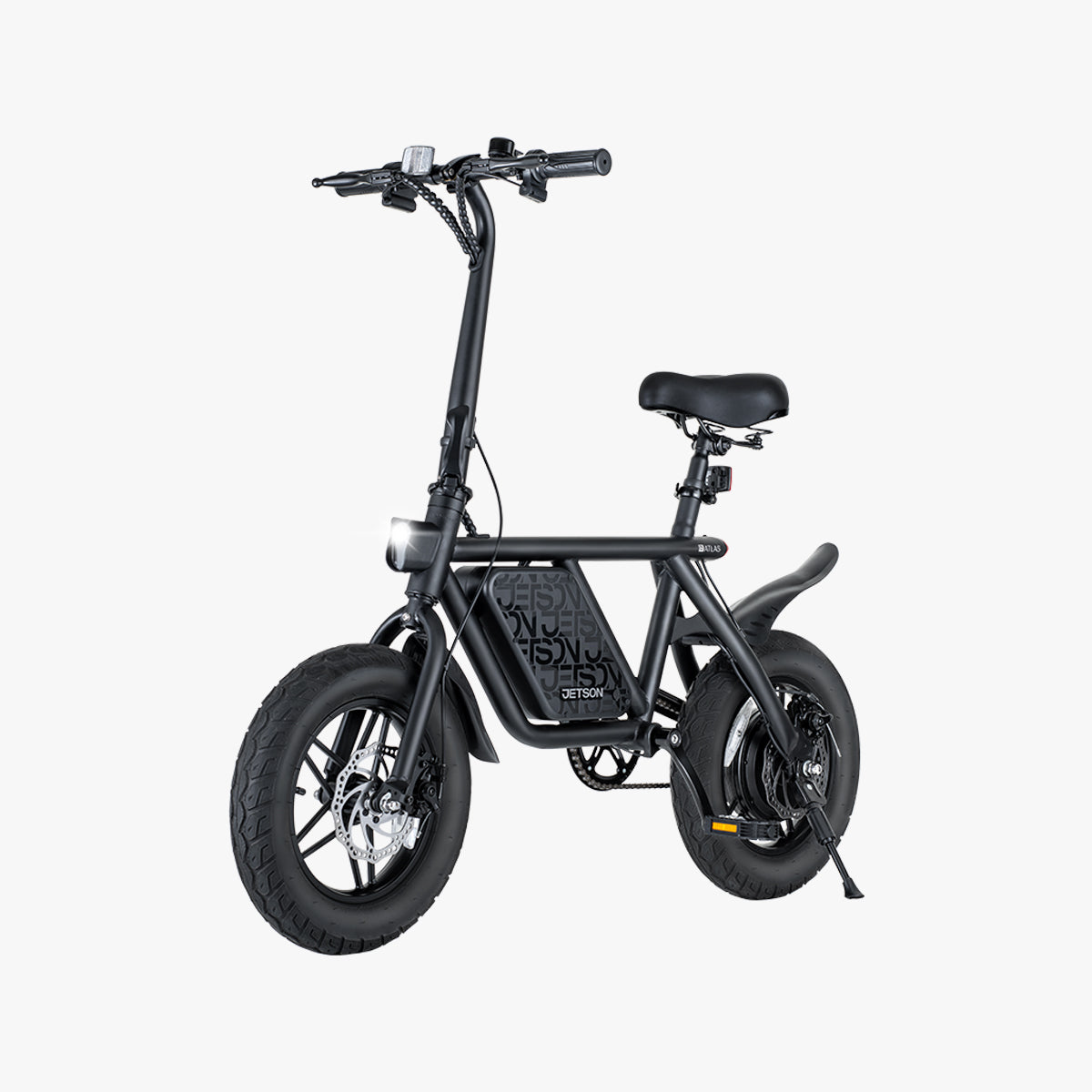 the Atlas e-bike angled to the left with the kickstand down 