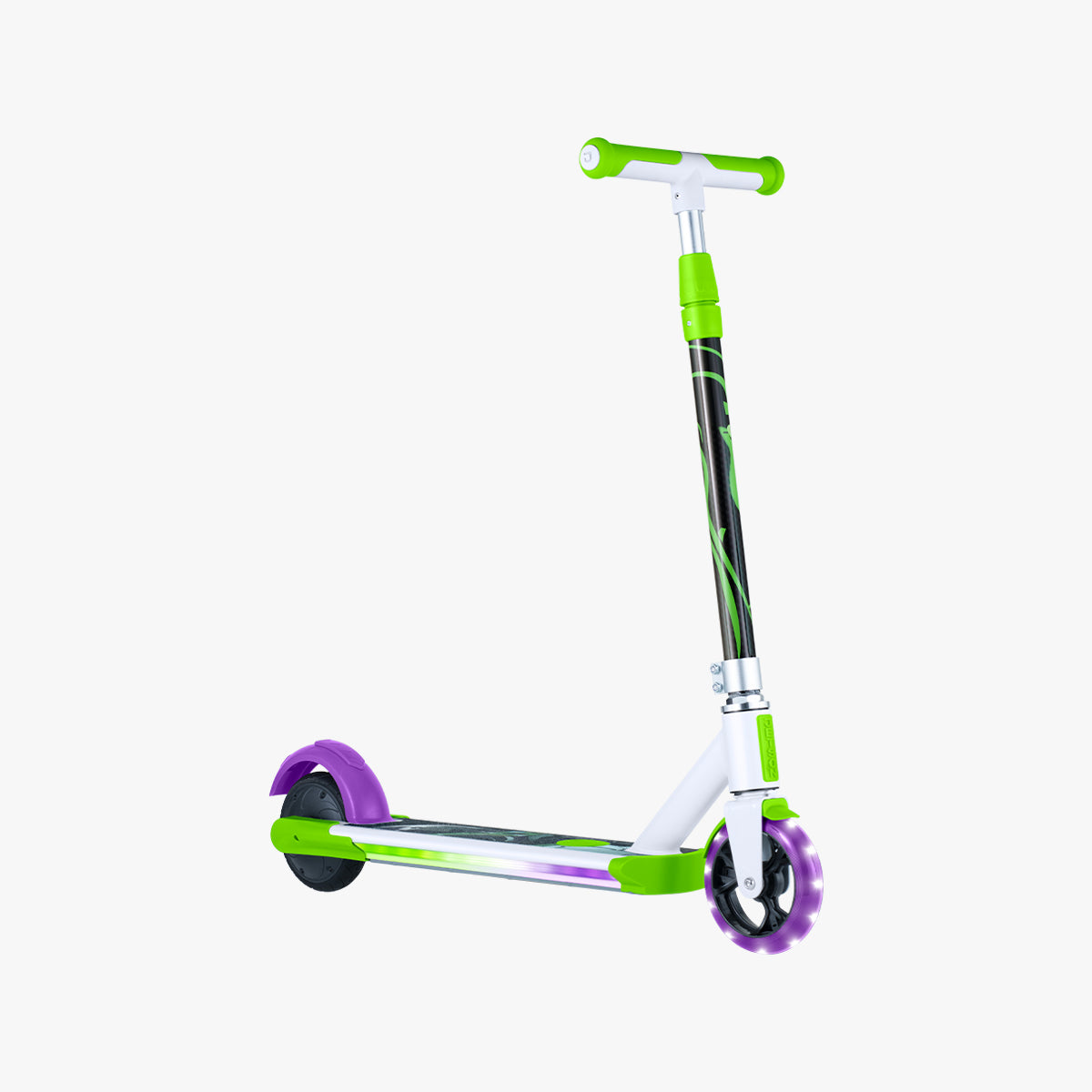angled profile to the right of the disney buzz lightyear electric scooter