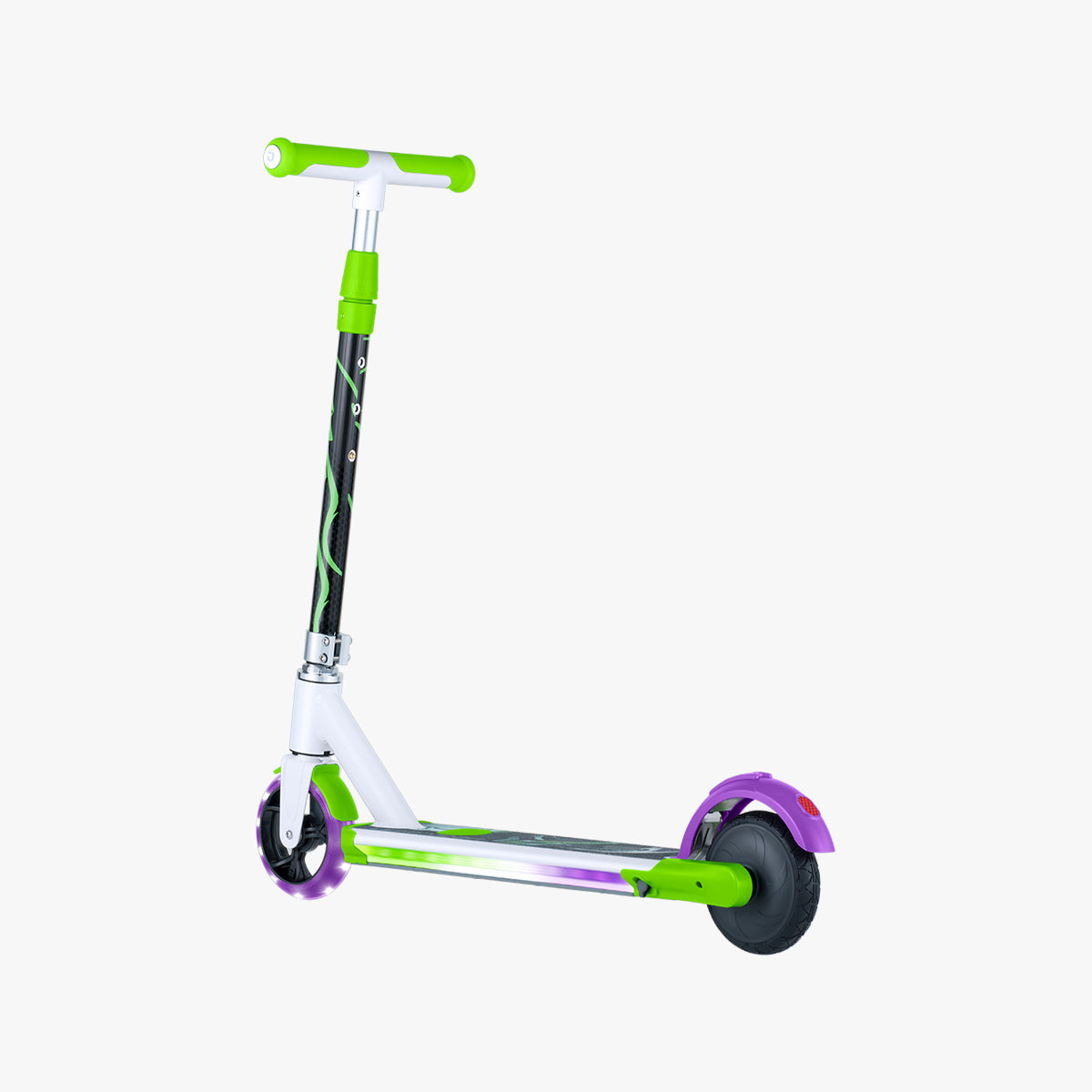 rear angled view of the disney buzz lightyear electric scooter to the left