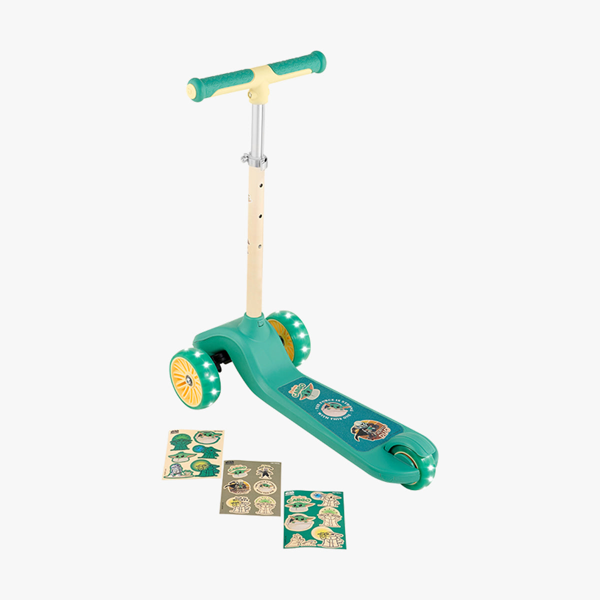 angled view of the grogu customizable scooter and sticker sheets