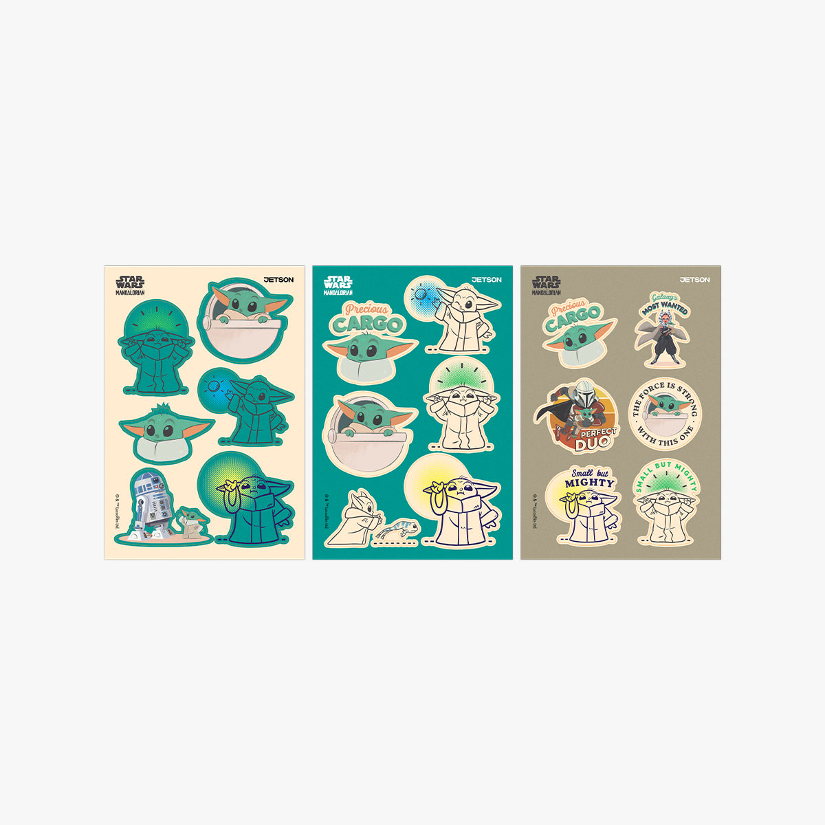 close up of the grogu themed sticker sheets