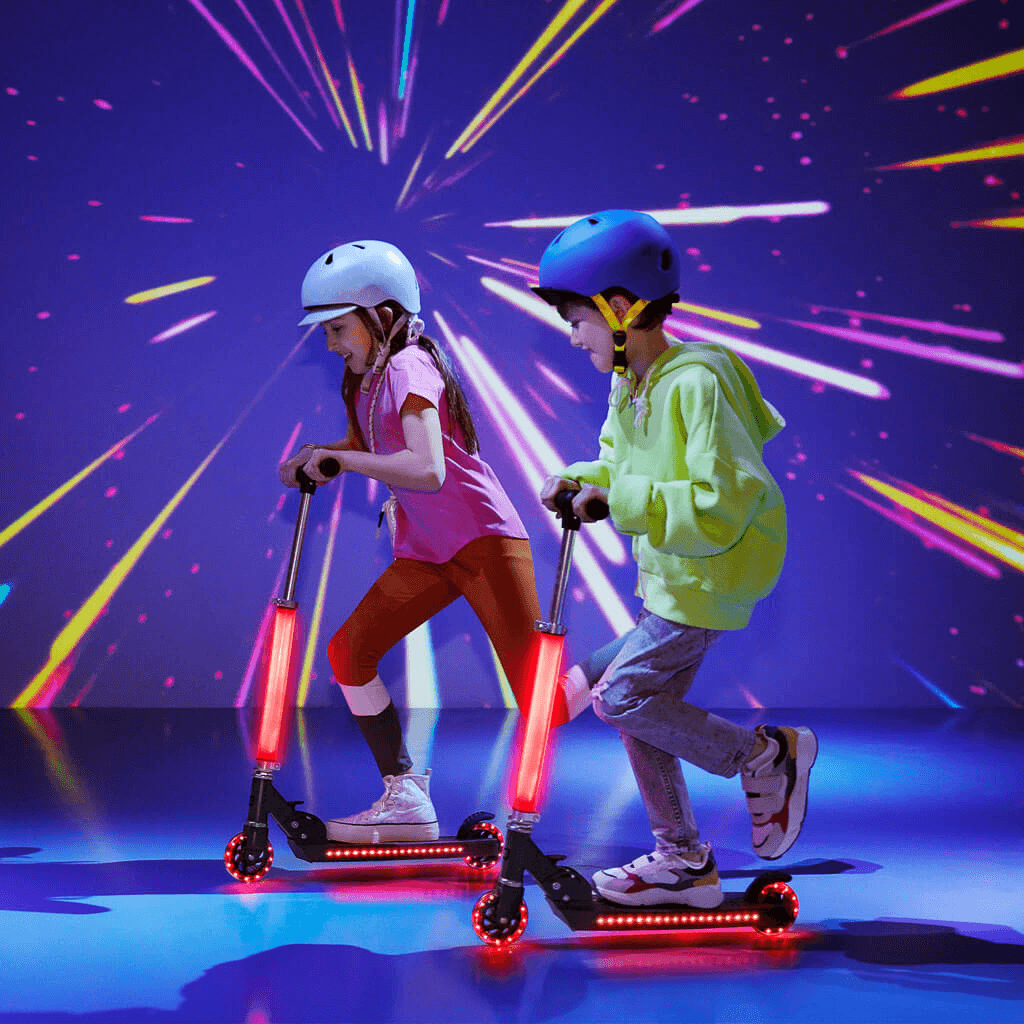 two kids riding their light up cosmo kick scooters