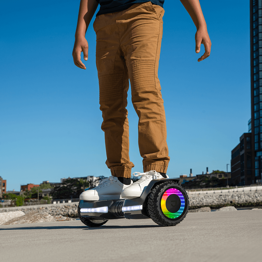 close up of a person riding on the Flash hoverboard