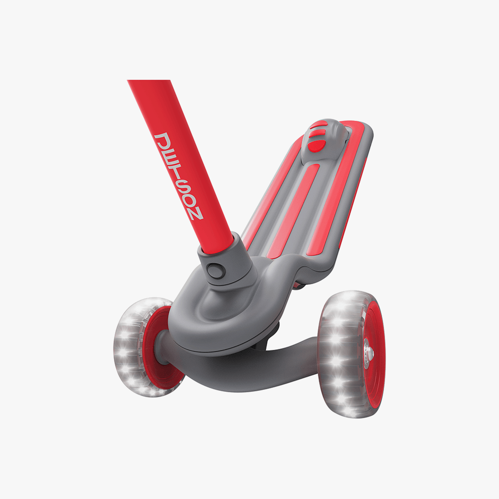 close up of the light up wheels on the red gleam kick scooter 