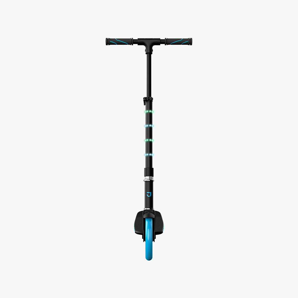 straight on view of blue helix scooter