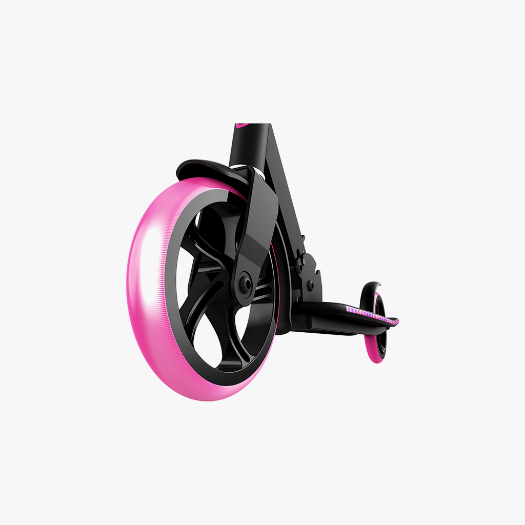 close up of front wheel on pink helix scooter