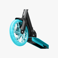 close up of the front wheel on blue hex scooter