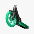 close up of front wheel on green hex scooter