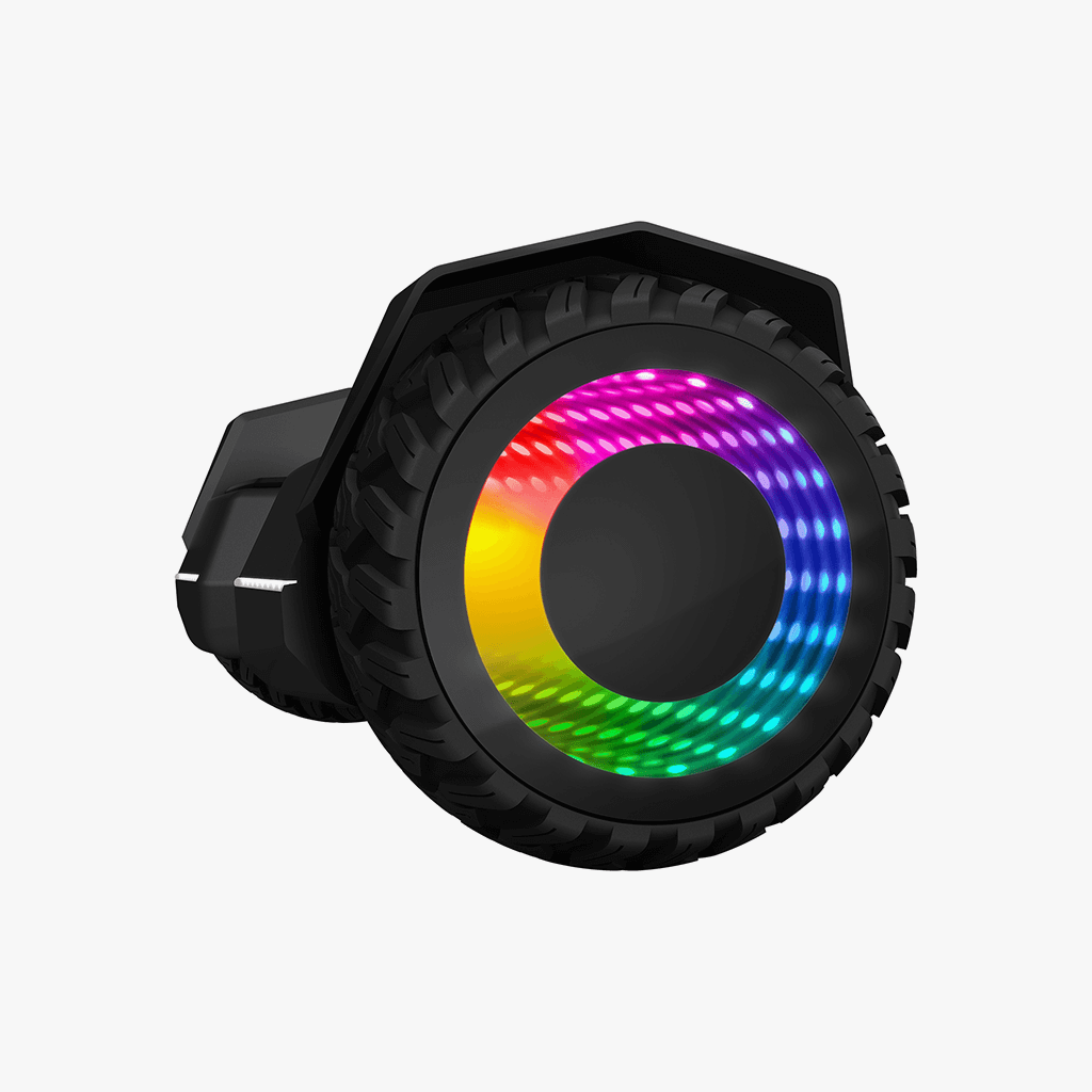 close up of the light up wheel on the black impact hoverboard