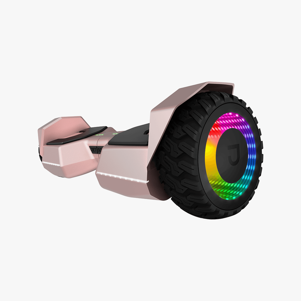 angled view of light up wheel on rosegold impact hoverboard