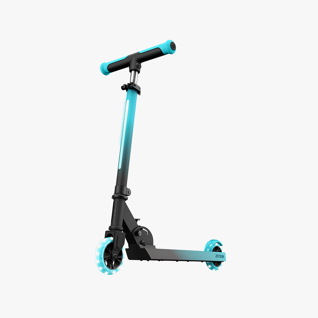 black and blue juno kick scooter facing left on a diagonal