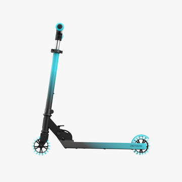 black and blue juno kick scooter facing left