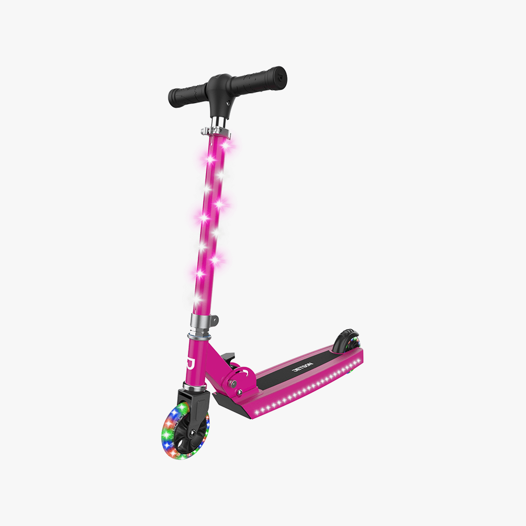 pink jupiter kick scooter facing forward on a diagonal
