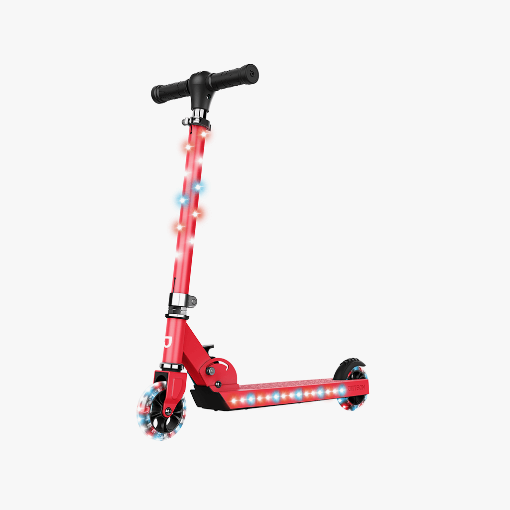 red jupiter kick scooter facing forward on a diagonal