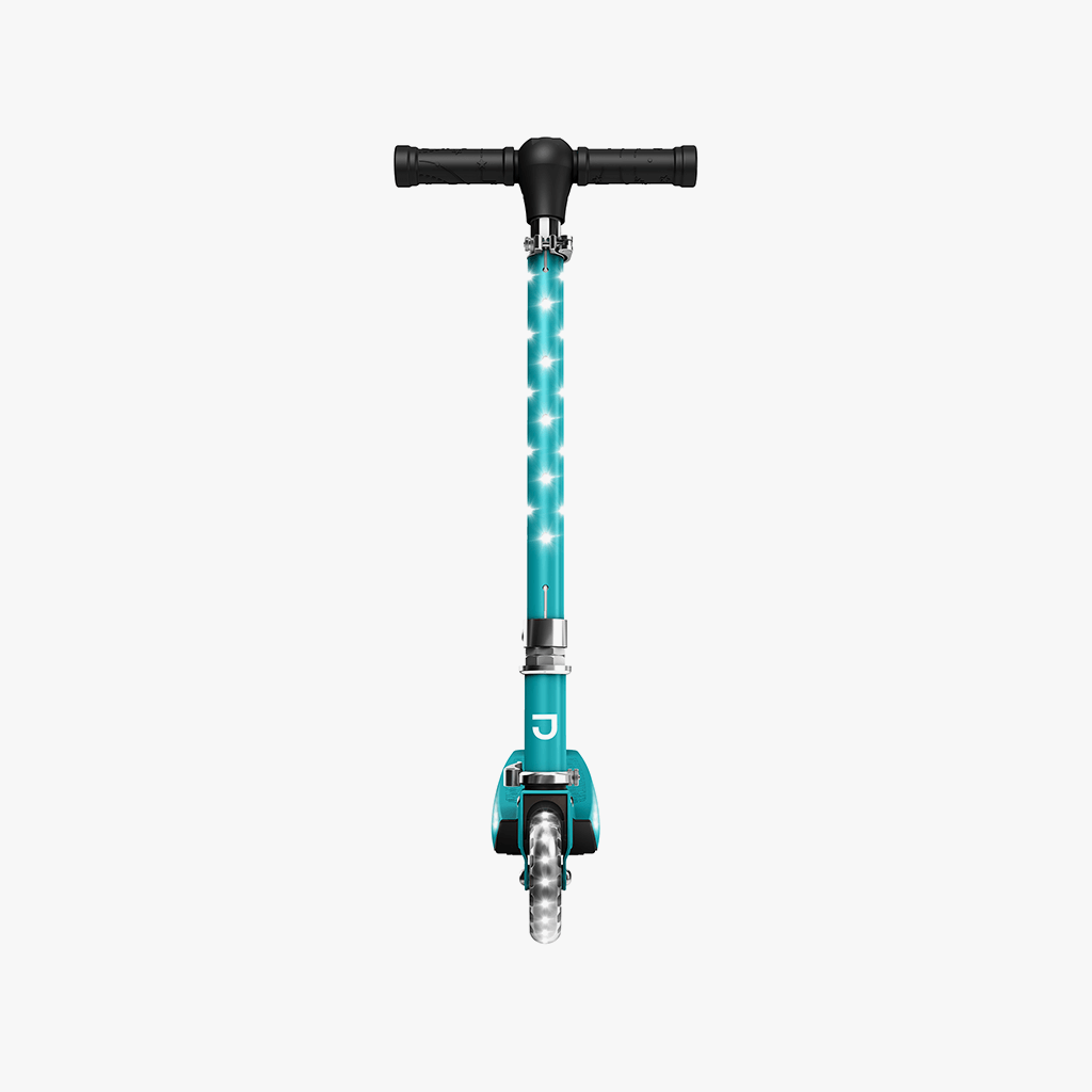teal jupiter kick scooter straight on from the front