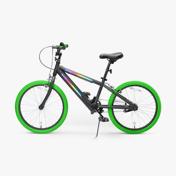 side view of the green JLR X bike facing to the left with the kickstand down 