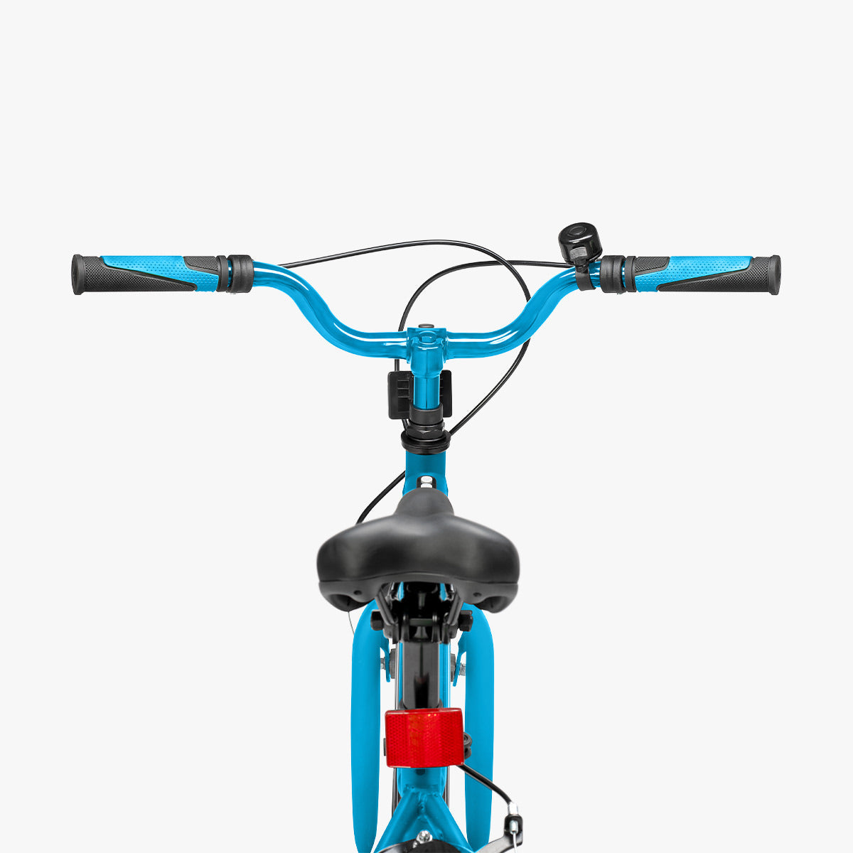 back view of the blue JLR X bike with the handlebars visible 