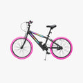 pink JLR X bike facing to the left with the kickstand down and the bike seat extended
