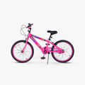 the JLR X bike with the pink frame and black tires facing to the left with the kickstand down