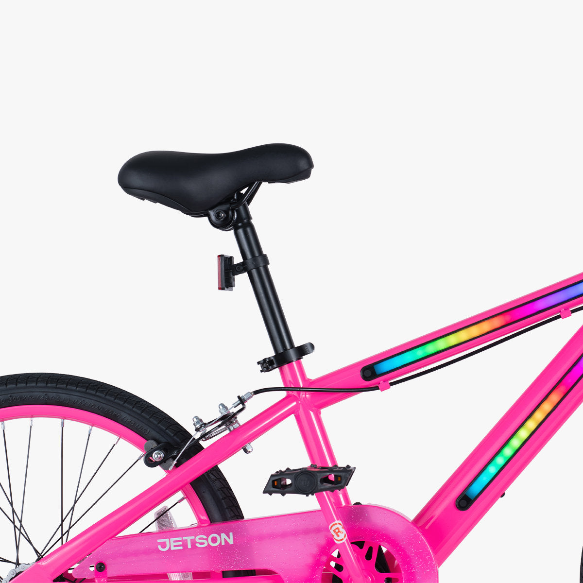 close up of extended bike seat of JLR X in pink