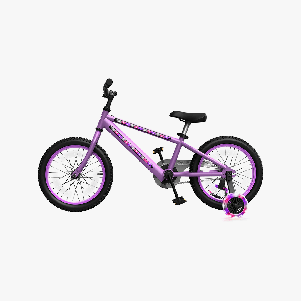 purple light up bike facing left
