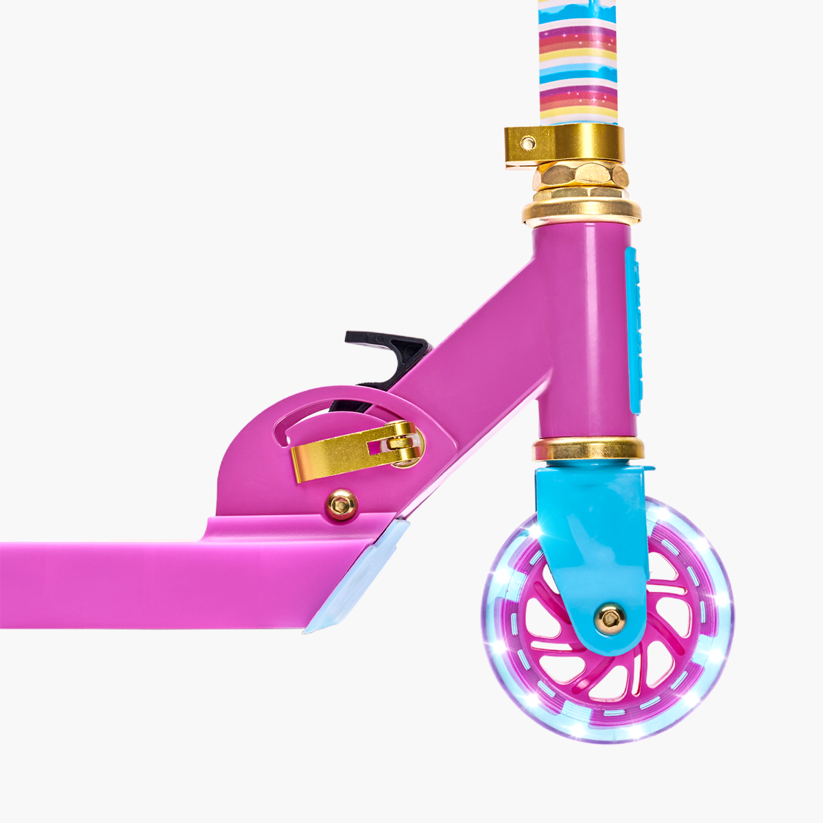 close up of the front wheel of the Princess kick scooter