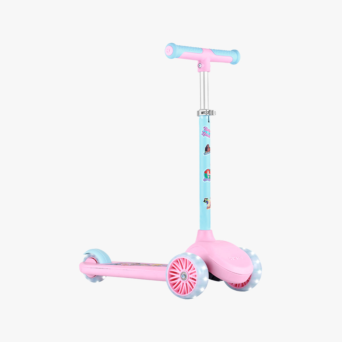 front of the Disney Princess customizable kick scooter faced to the right with stickers on the stem