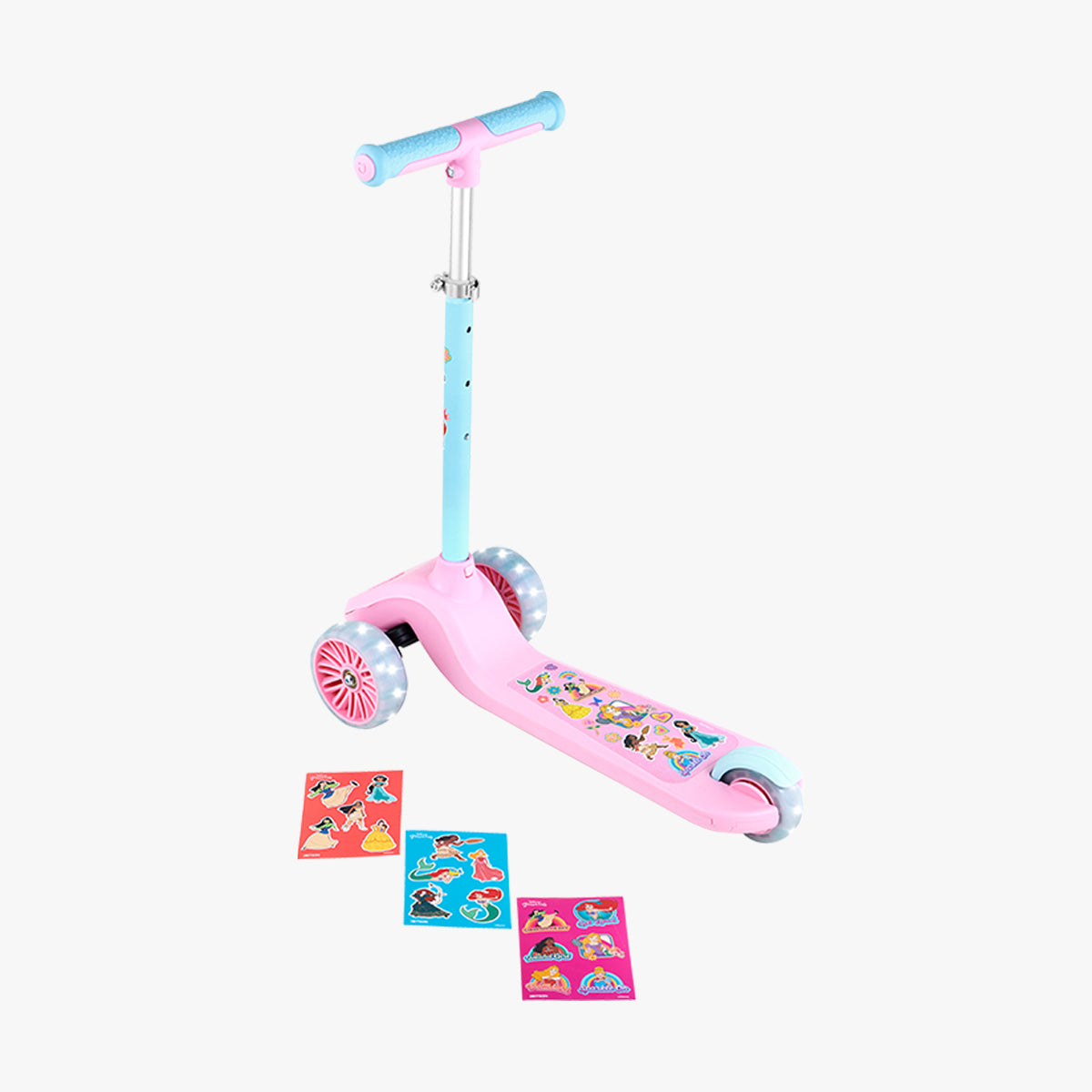 zoomed out view of the Disney Princesses Customizable Kick Scooter with the stickers that come with it