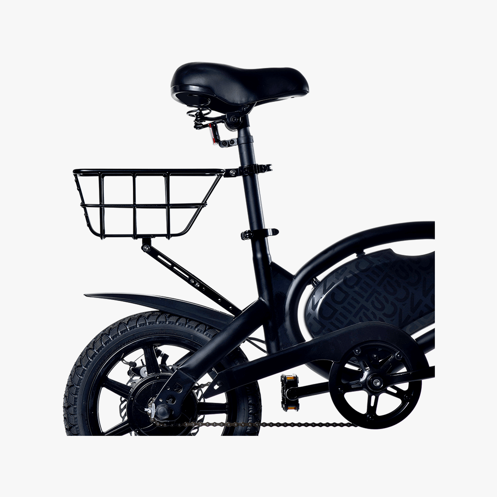 close up view of the rear basket attached to the back of an e-bike