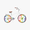 bike with rainbow color wheels facing right