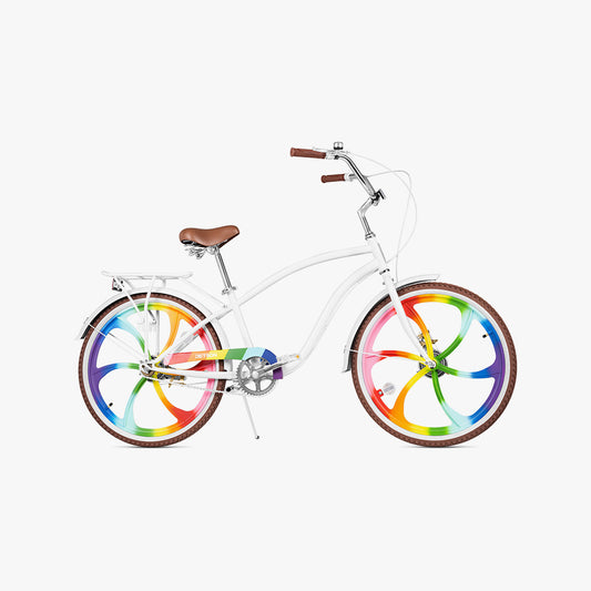 bike with rainbow color wheels facing right