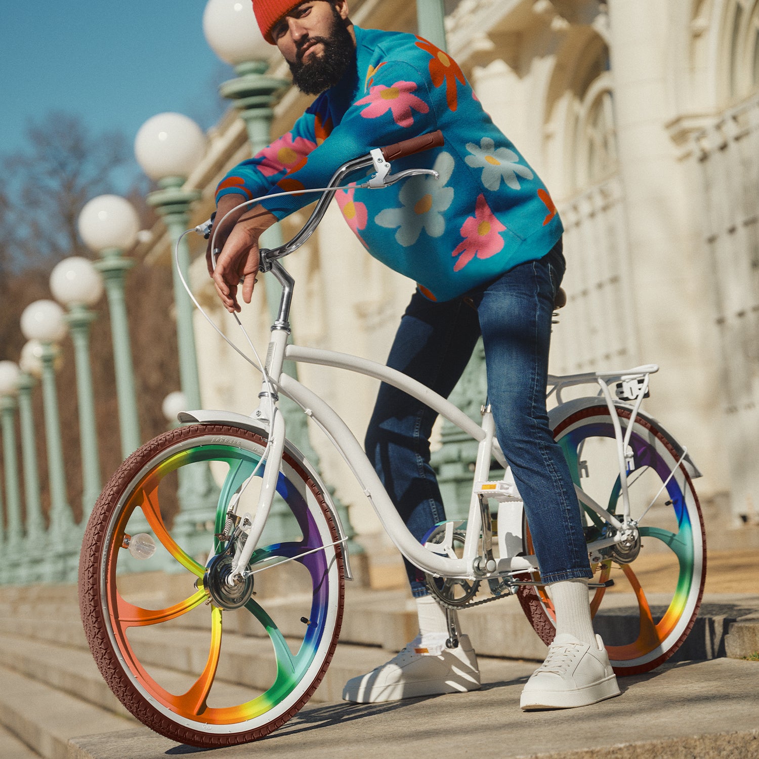 person sitting on the Zephyr bike in the city