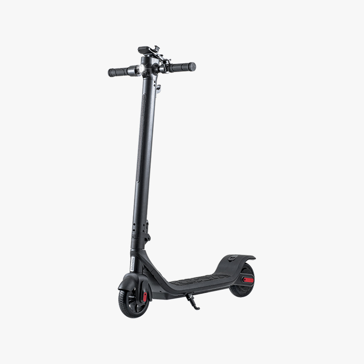 front view of the Rhythm e-scooter angled diagonally to the left with the kickstand down