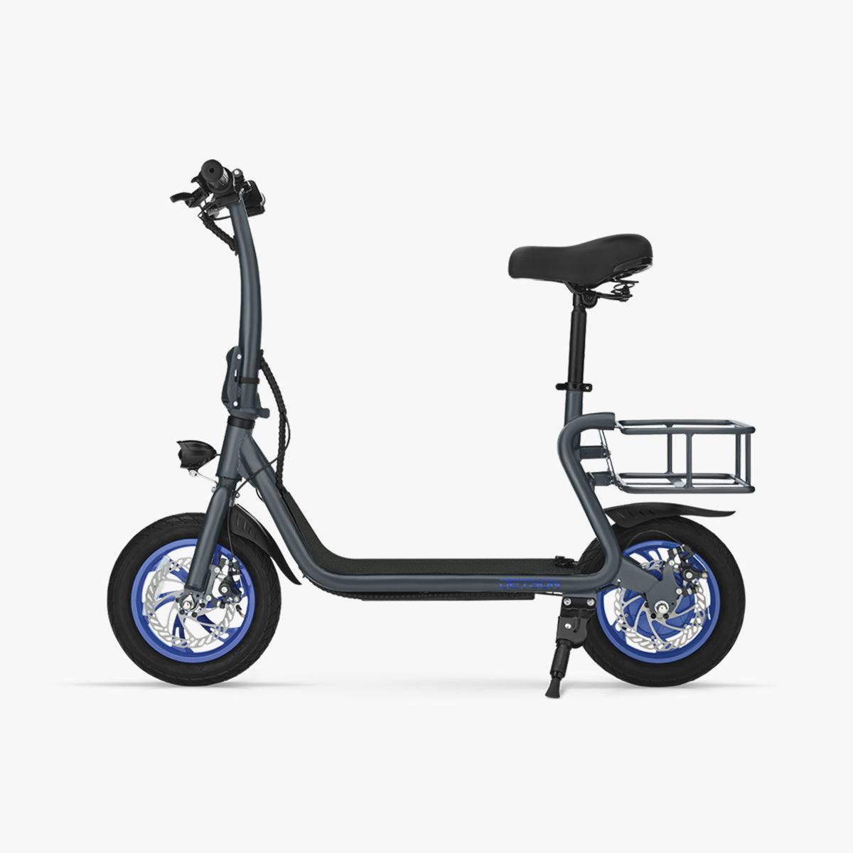 side profile of Ryder e-scooter with the kick stand down facing to the left 