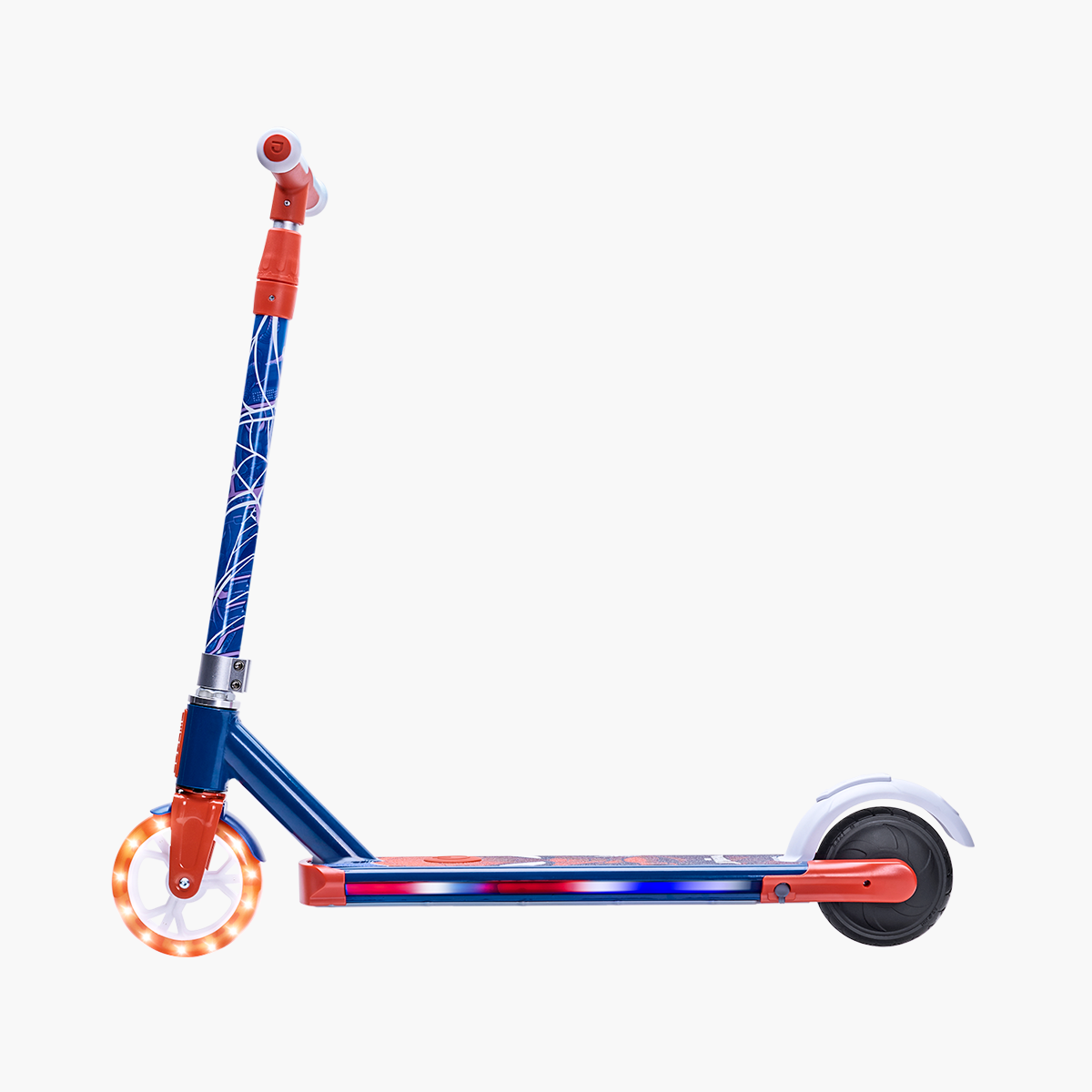 side view of the Spiderman electric scooter facing the left