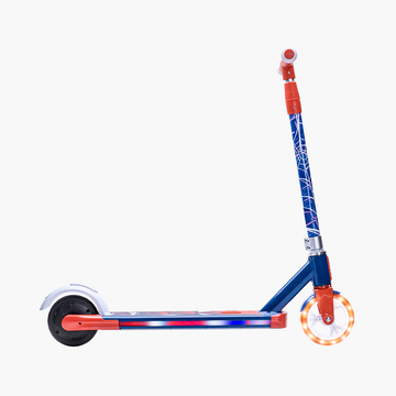 side view of the Spiderman electric scooter facing to the right